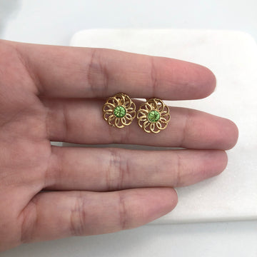 18K Gold Layered Oro Laminado Green Rhinestone in Cut Out Flower Design Push Back Earrings 21.0569/8
